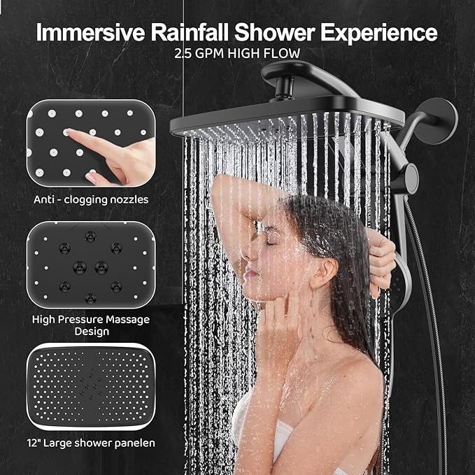 Rain Shower Head with Handheld High Pressure rainfall Shower Heads with Handheld Spray Combo Adjustable one-piece stand daul shower head Built-in Magnetic Docking and Power Jets