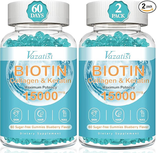 Biotin and Collagen Gummies with B12, Hair Skin and Nails Vitamins Gummies for Hair Growth, Glowing Skin & Strong Nails - Blueberry Flavor, Sugar Free, 120 Ct