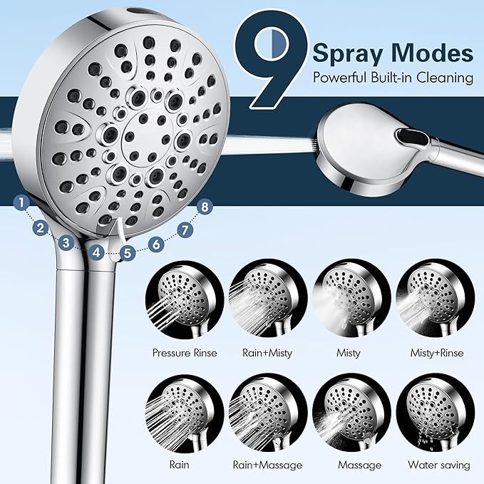 BRIGHT SHOWERS Filtered Shower Head with Handheld, High Pressure 9 Spray Mode Showerhead with Long Hose and Bracket, Water Softener Filters Beads for Hard Water - Removes Chlorine, Chrome