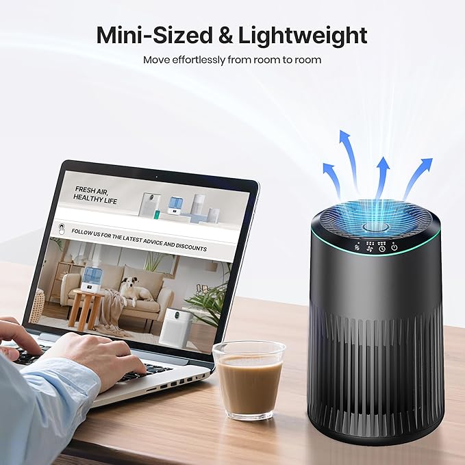 Air Purifiers for Bedroom Home, Air Purifier for Smoke Odors with Fragrance Sponge, Small Air Purifier with Sleep Mode for Bedroom Office, Blue Night Light, Grey, 1 Pack+3 Modes