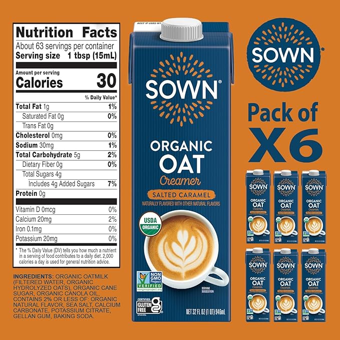 SOWN Organic Oat Creamer Salted Caramel - Barista Oat Milk Non Dairy Coffee Creamer - Plant Based, Dairy-Free, Vegan, Gluten-Free, Non-GMO, Shelf Stable - 32oz (Pack of 6)
