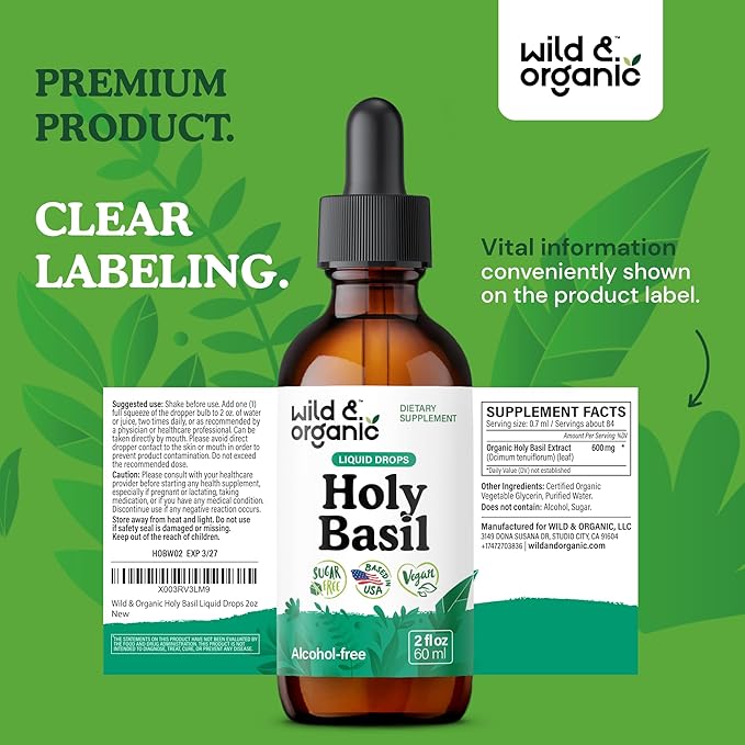 Wild & Organic Holy Basil Leaf Tincture - Relaxation, Calmness, Mood Support - Tulsi Holy Basil Supplement - Vegan, Sugar & Alcohol-Free Herb Extract Drops - 2 fl oz