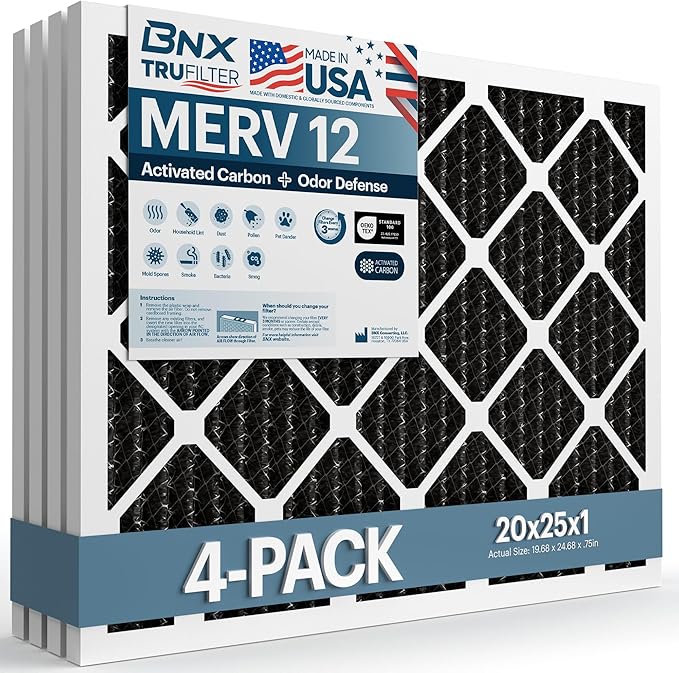 BNX TruFilter 20x25x1 MERV 12 Odor Defense (4-Pack) AC Furnace Air Filter with Activated Carbon - MADE IN USA - Pleated Air Conditioner HVAC AC Furnace Filters - Removes Odor, Mold, Bacteria, Smoke