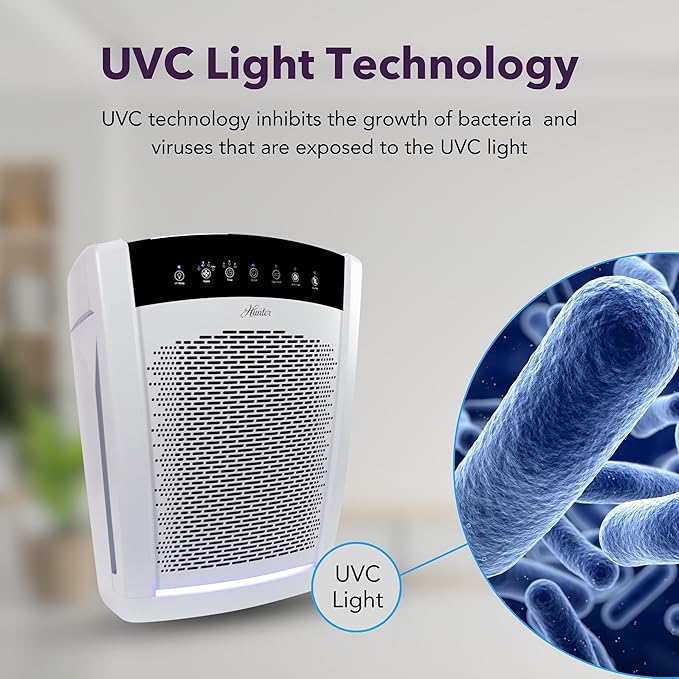 Hunter HP850 Air Purifiers for Home Large Room and Bedroom. True HEPA Air Purifier for Pets, Odors, Allergens, Smoke, Dust. 4 Fan Speeds, Quiet Sleep Mode, UV Mode. Filters 2585 Ft² per hour. White