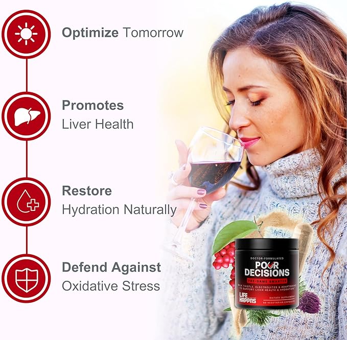 Life Happns Pour Decisions Liver Health Supplement with Milk Thistle, Vitamin B6, Electrolytes - Supports Hydration and Recovery, 60 Capsules