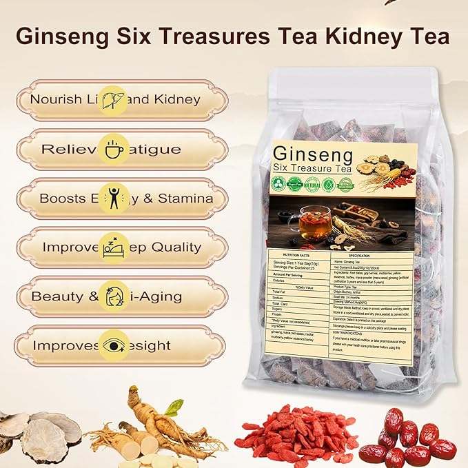 Ginseng Six Treasure Tea, Natural Traditional Chinese Tea 7 Ingredient Formula Ginseng Five Treasures with Wolfberry, Red Date Ginsengs and Mulberry Herbal Blend TeaBags for Women Men (70 Bags/1 Pack)