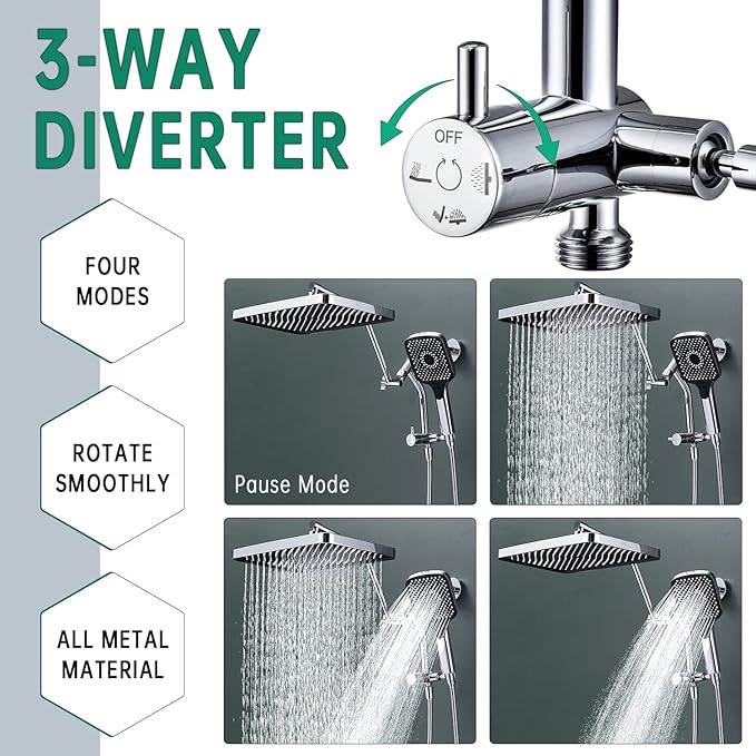 13-Inch Shower Heads with Multi-Function Handheld Sprayer Combo, 3-Way Metal Extended Diverter with Holder and Metal Adjustable Shower Extension Arm, Extra Long Hose(Chrome)