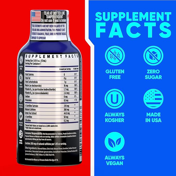 Vitamin Energy Immune+ Extra Strength Energy Shot Blue Raspberry 48 Pack, 260mg Natural Caffeine, B-Vitamins, Citicoline, Green Tea, Immunity & Focus Support, Zero Sugar, Gluten-Free 1.93 fl oz
