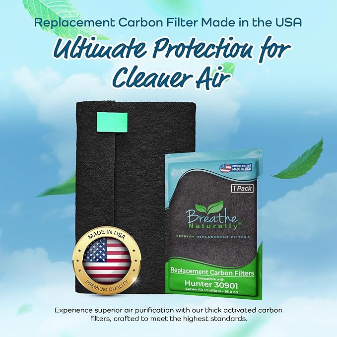 Breathe Naturally Replacement Carbon Pre-Filters Compatible with Hunter 30901, HEPAtech and QuietFlo Air Purifier - Activated Charcoal Filter Sheet - 16" x 30"x 0.2" (Pack of 1, Carbon Prefilters)