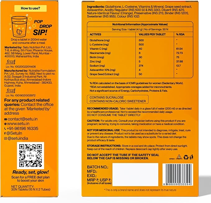 SETU Glutathione Effervescent Tablets with 500mg L-Glutathione & Vitamin C | Sugar-Free Antioxidant Supplement | Mixed Berry & Orange (Pack of 4)