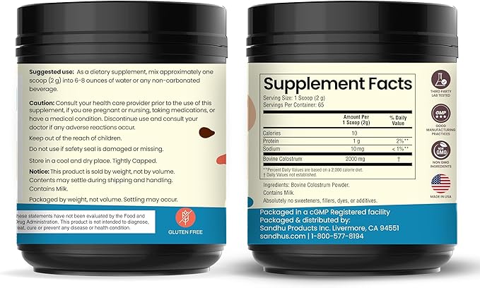 Sandhu's Grass Fed Bovine Colostrum Powder for Humans, Adults | 65 Servings (Pack of 2) Cows Supplement | High IgG for Gut Health | Immunity & Muscle Recovery Support | Unflavored | for Men & Women
