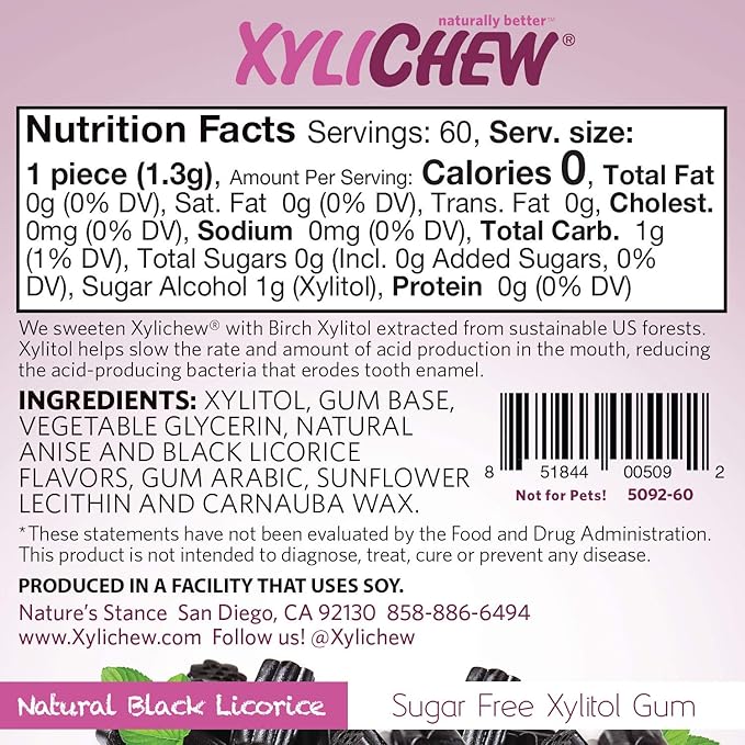 Xylichew 100% Xylitol Chewing Gum Jars - Non GMO, Gluten, Aspartame, and Sugar Free Gum - Natural Oral Care, Relieves Bad Breath and Dry Mouth - Licorice, 60 Count (Pack of 4)