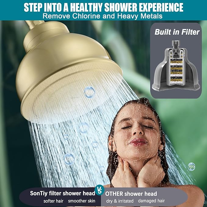 SonTiy Filtered Shower Head, All Metal Shower Filter Head For Hard Water Removes Chlorine, Improve Hair,Nails & Skin, Adjustable High Pressure Water Softener Showerhead, 6 Inch, Gold
