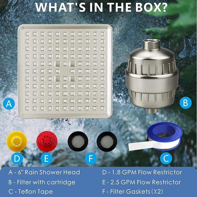 Voolan Filtered Shower Head - 20 Stage Luxury Rain Shower Filter For Hard Water for Remove Chlorine and Harmful Substances - 6" Square High Pressure Rainfall Showerhead (Brushed Nickel)