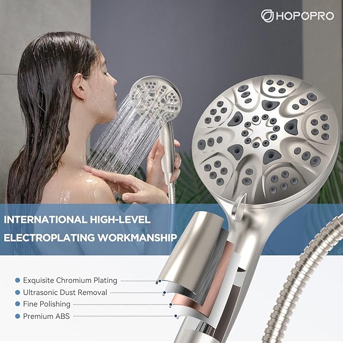 6-Mode High Pressure Handheld Shower Head Set, Consumer Reports Recommended HOPOPRO High Flow Hand Held Showerhead with 59 Inch Hose Bracket Teflon Tape Rubber Washers