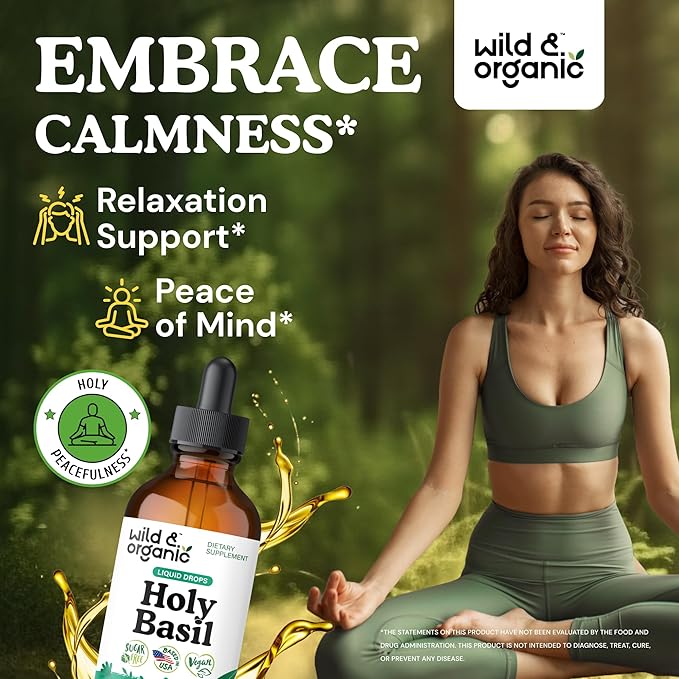 Wild & Organic Holy Basil Tincture - Relaxation & Calmness Support - Liquid Holy Basil Leaf Supplement - Tulsi Drops - Vegan, Sugar & Alcohol-Free Extract - 4 fl oz
