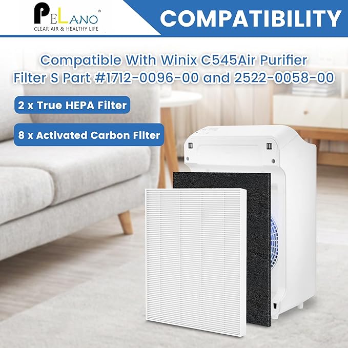 C545 True HEPA Replacement Filter S Compatible with Winix C545 Air Purifier, Part number 1712-0096-00 and 2522-0058-00, 2 x True HEPA Filter + 8 x Activated Carbon Pre-Filter