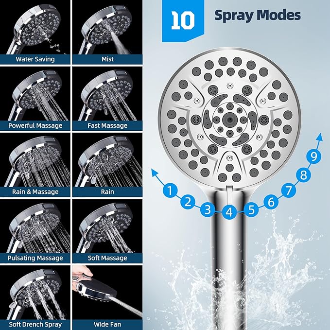 Hibbent All Metal Shower Head, 10'' High Pressure Rainfall Shower Head/Handheld Showerhead Combo with 12'' Adjustable Curve Shower Extension Arm, 10-Spray, 71'' Shower Hose, Shower Head Holder, Chrome