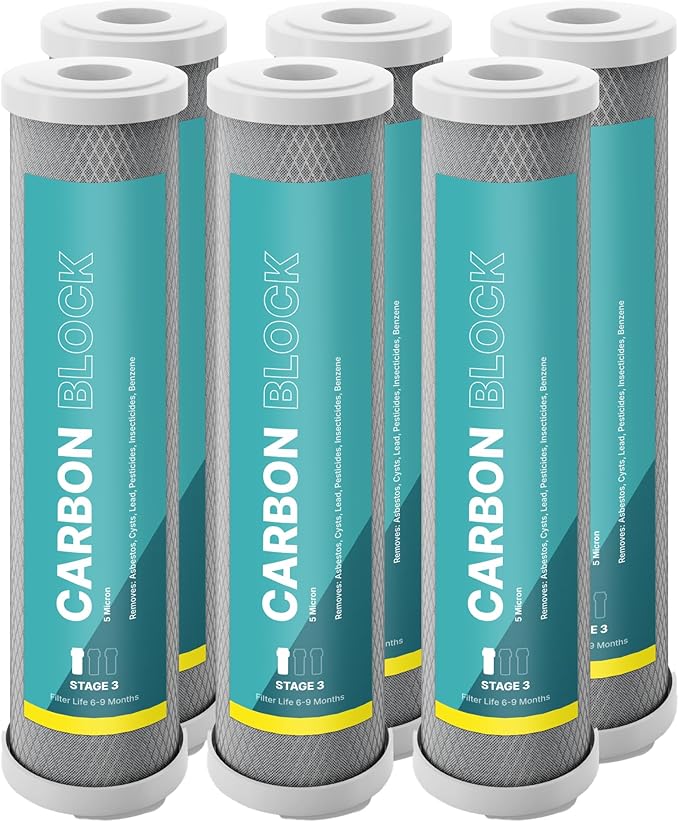 NU Aqua Reverse Osmosis Carbon Block Filter 10 Inch Replacement - 5 Micron Universal RO Water Filtration System Cartridge - 6 Pack of Premium Filters
