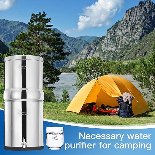 2.25 Gallon Stainless Steel Gravity-Fed Water Filter System with 2 White Ceramics Purification Washable Filter, Portable Countertop Filter System for Home and Outdoor Camping Use