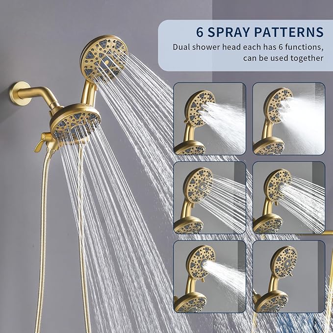 Shower Faucet Set Complete Shower Kit Dual Shower Head and Handheld 2 in 1 Combo Set Shower System Shower Trim Kit Combo Set Shower Fixtures, Brushed Gold