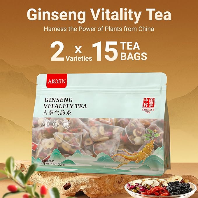 Kidney Tea Formula Ginseng Vitality Tea - 2 Varieties x 15 Bags, Traditionally Family-Grown, Caffeine-Free Pure Herbal Blend with 10 Traditional Chinese Herbs for Men & Women