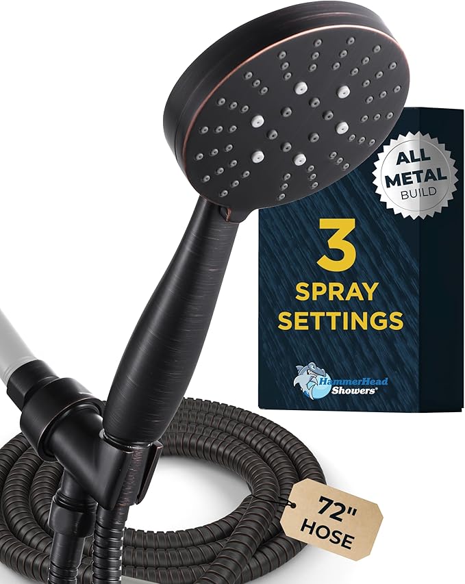 HammerHead Showers® Solid Metal 3-Spray Handheld Shower Head with Long Hose and Holder - OIL RUBBED BRONZE - 2.5 GPM High Pressure Shower Head with Handheld Sprayer - WIDE, MASSAGE, and MIST Sprays