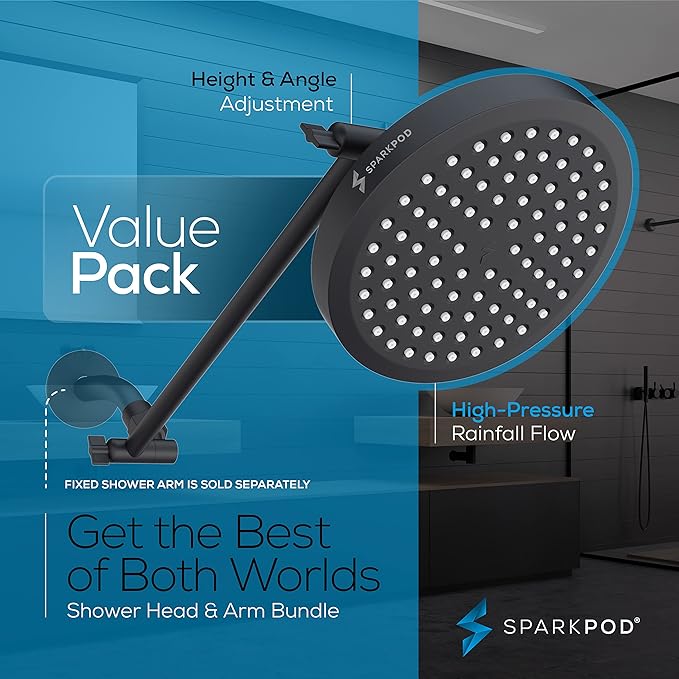 SparkPod Round Rain Shower Head with Shower Head Extension Arm - High Pressure Rain - Luxury Modern Look - No Hassle Tool-less 1-Min Installation (16" Shower Arm Extension, Midnight Black Matte)