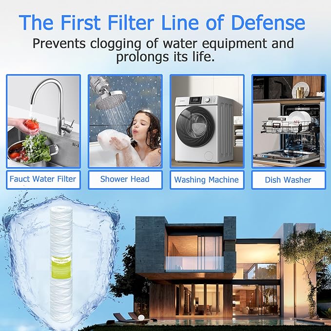 20 Micron Whole House Water Filter Cartridge, String Wound Sediment Filters for Well Water, Universal Replacement for Any 20 inch Big Housings - 20" x 4.5" Cartridges - Pack of 6