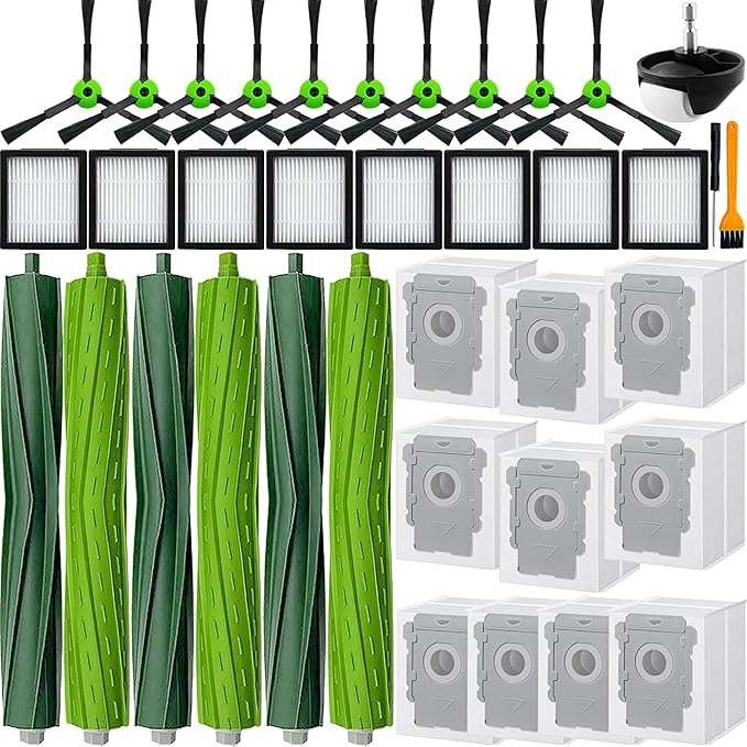 Replacement Parts accessories for Roomba i3 i3+ i4 i6 i6+ i7 i7+ i8 i8+/Plus E5 E6 E7 I,E &J Series Vacuum Cleaner,3 Set Roller Brushes 8 HEPA Filters 10 Side Brushes 1 caster wheel 10 vacuum bag
