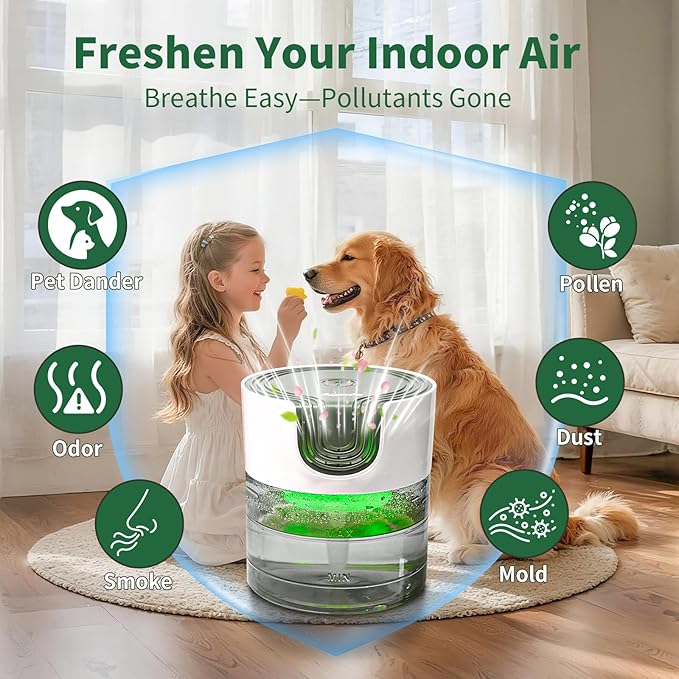 Aozale Water Air Purifier for Home, Quiet Variable Speed Water-Based Air Purifiers with LED Night Light, Essential Oil Aroma Diffuser, Humidifier & Freshener - for Home Pets Odors, Smoke (Green)