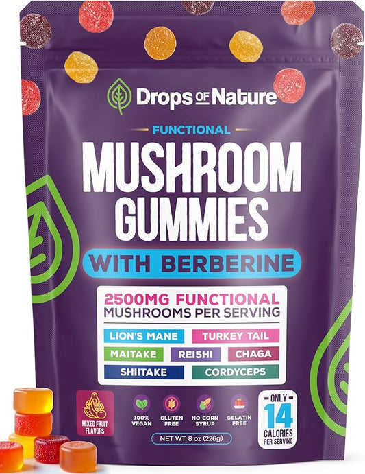 Mushroom Gummies & Berberine Supplement - Lion's Mane, Turkey Tail, Maitake, Reishi, Chaga, Shiitake & Cordyceps - Organic Mushroom Supplement - Boosts Focus & Immune System (Mixed Fruits, 60 Gummies)