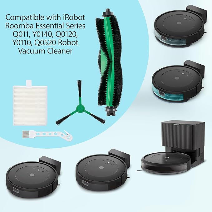 Replacement Parts Compatible for iRobot Roomba 104, 105 Vac/Combo, Y0140, Q0120, Y0110, Q011, Q0520 Robot Vacuum Cleaner, 2 Roller Brush, 4 Filters, 4 Side Brushes, 1 Cleaning Brush