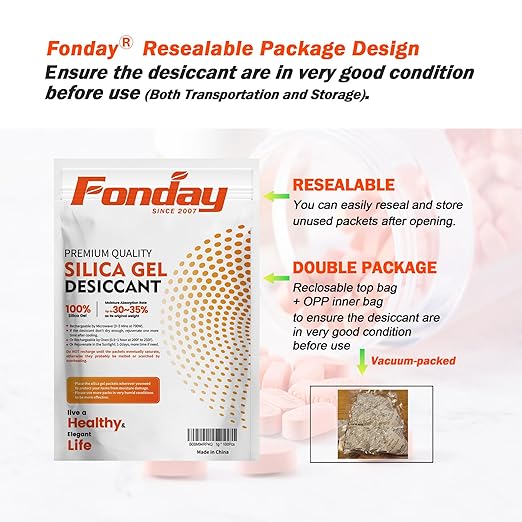 20Gram 50Packets Fonday Rechargeable Silica Gel Desiccant Packets Food Grade Fast Reactivate Desiccant Bags Moisture Indicating Orange to Green