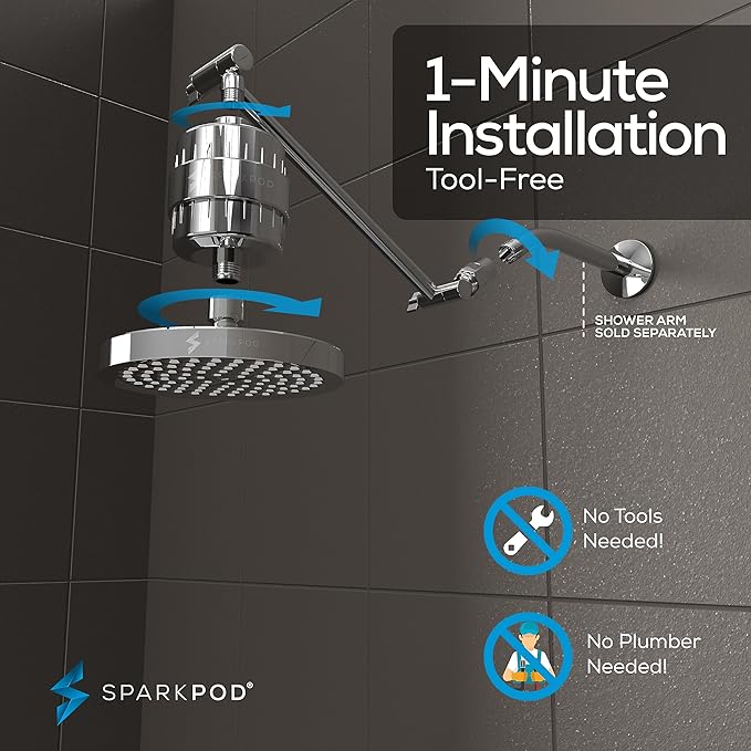 SparkPod 6" High Pressure Rain Shower Head with 23 Stage Filter Capsule & 11 Inch Adjustable Shower Arm Extension - Shower Filter Reduces Chlorine for Smoother Hair & Skin (Round, Polished Chrome)