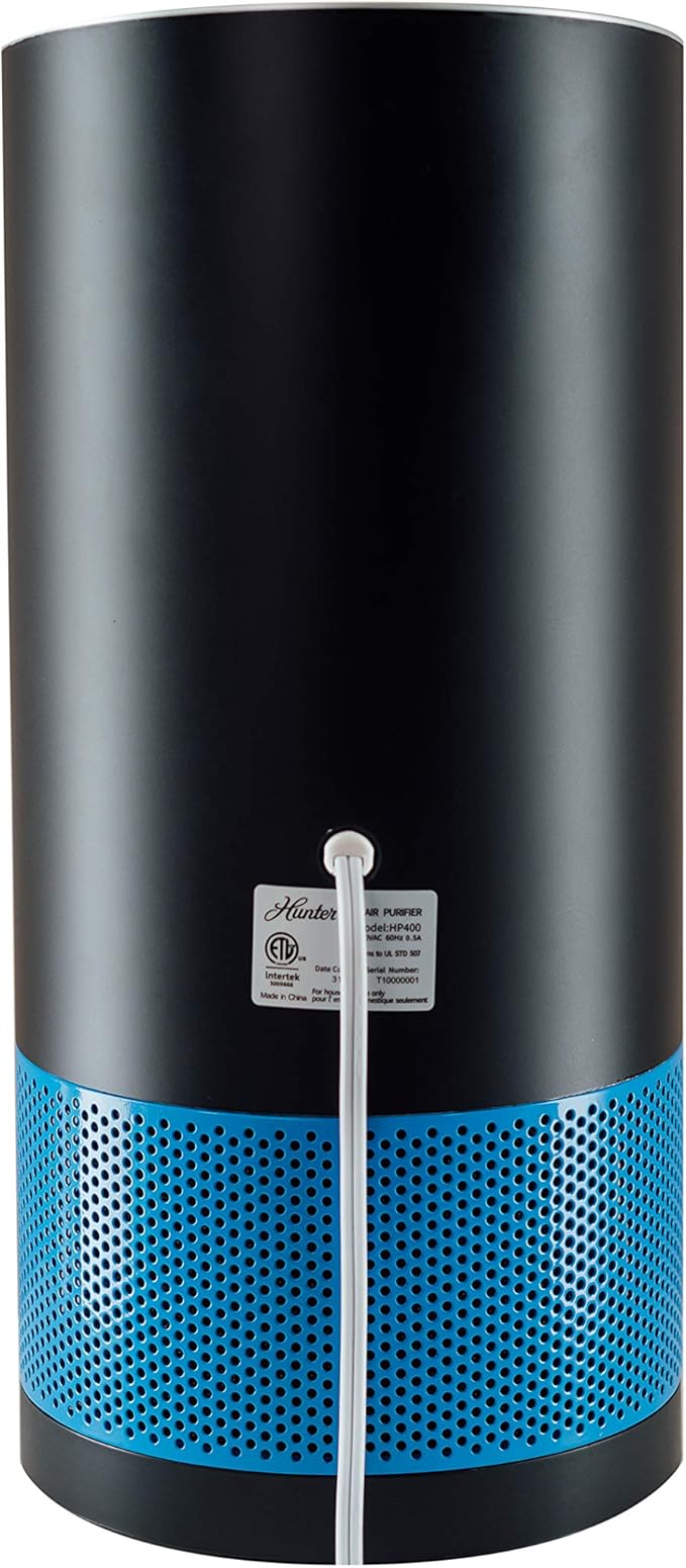 Hunter Fan Company HP400 Round Tower Air Purifier for Small Rooms, Featuring True HEPA Filtration and EcoSilver® Pre-Filter for Allergy and Asthma Relief, Black and Blue