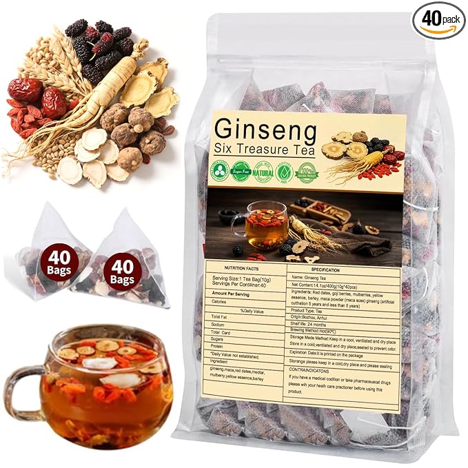 Ginseng Six Treasure Tea, Natural Traditional Chinese Tea 7 Ingredient Formula Ginseng Five Treasures with Wolfberry, Red Date Ginsengs and Mulberry Herbal Blend TeaBags for Women Men (40 Bags/1 Pack)