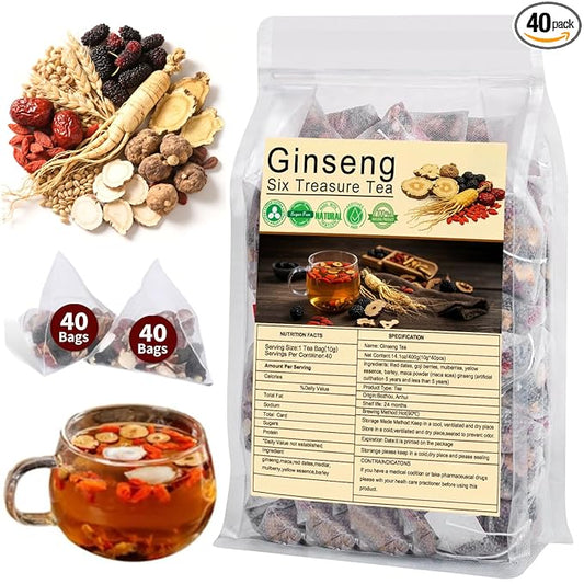 Ginseng Six Treasure Tea, Natural Traditional Chinese Tea 7 Ingredient Formula Ginseng Five Treasures with Wolfberry, Red Date Ginsengs and Mulberry Herbal Blend TeaBags for Women Men (40 Bags/1 Pack)