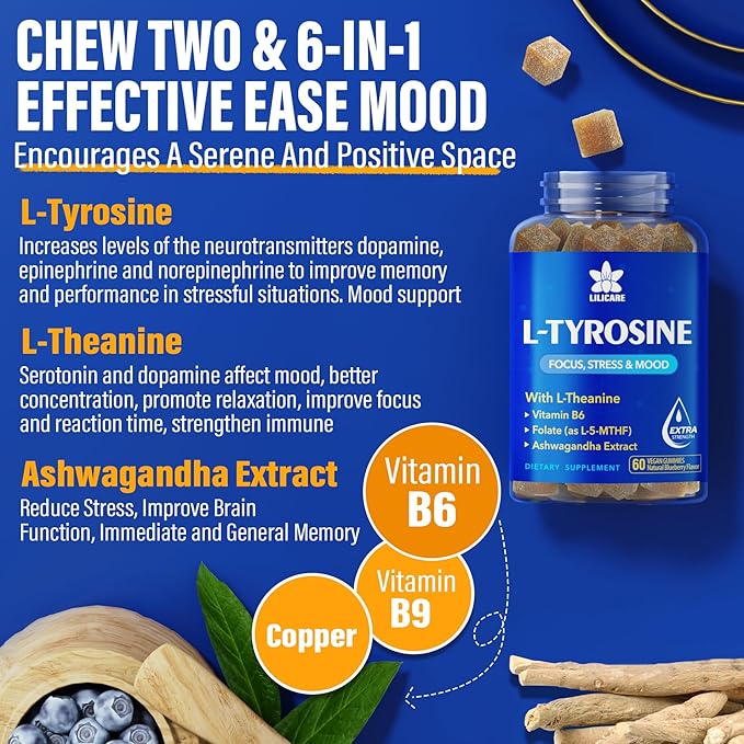 L Tyrosine Gummies 1100mg Mood Support Blend, with Ashwagandha, L-Theanine, Vitamin B Complex B6, Folate(Vitamin B9), Focus & Memory, Cognition & Brain Function, Energy Boost,Stress Support, 2Pc/120ct
