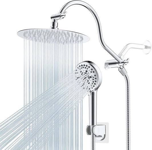 Hibbent All Metal Shower Head, 10'' High Pressure Rainfall Shower Head/Handheld Showerhead Combo with 12'' Adjustable Curve Shower Extension Arm, 10-Spray, 71'' Shower Hose, Shower Head Holder, Chrome