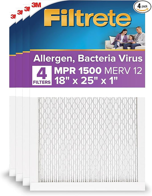 Filtrete 18x25x1 AC Furnace Air Filter, MERV 12, MPR 1500, CERTIFIED asthma & allergy friendly, 3 Month Pleated 1-Inch Electrostatic Air Cleaning Filter, 4-Pack (Actual Size 17.81 x 24.81 x 0.81 in)