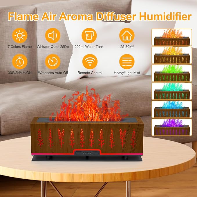 Colorful Essential Oil Diffuser, 7 Colors Flame Diffuser Changing Aromatherapy Diffuser, 200ml Cool Mist Ultrasonic Diffuser for Office, Home,Bedroom (Timeable, Waterless Auto Off- Brown)
