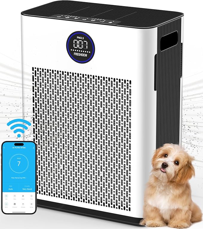 FRESHDEW Air Purifier for Home Up to 2300ft² With H14 True HEPA Smart WiFi Control & Double-Sided Intake | 22dB Ultra Quiet for Bedroom/Pet Homes | Removes Smoke, Odors, Pollen, Dust, Dander