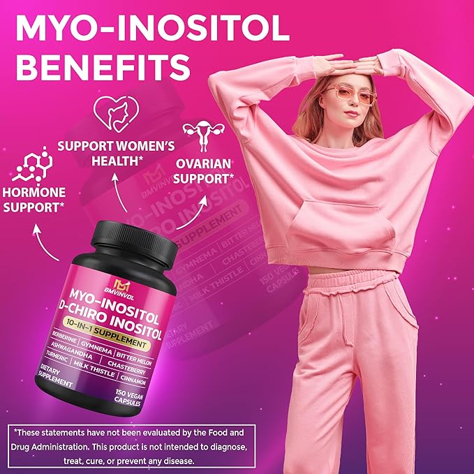 BMVINVOL Inositol Supplement - Myo-Inositol and D-Chiro Inositol Ideal 40:1 Ratio - Plus Berberine, Cinnamon, Ashwagandha + 5 More - 150 Capsules