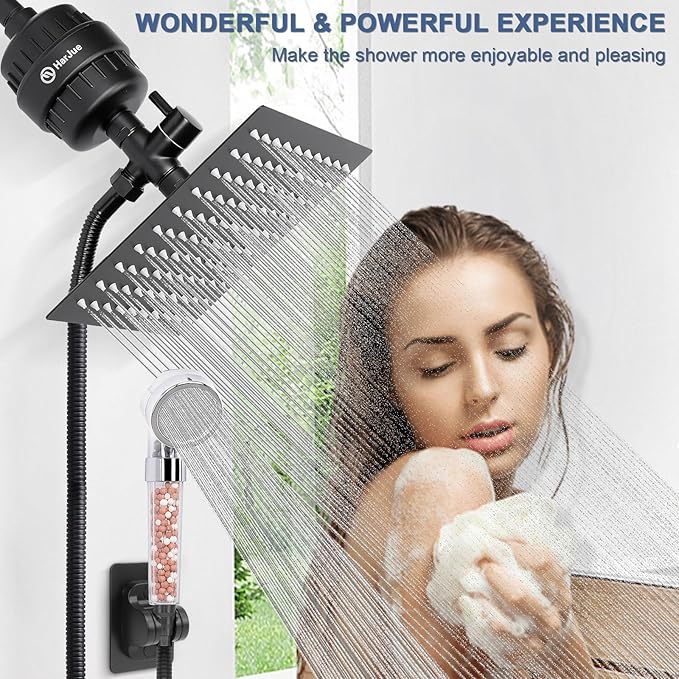 HarJue Filter Shower Head, High Pressure 8 Inch Rainfull with Filter Combo for Hard Water, Remove Chlorine Fluoride and Harmful Substances- 1 Replaceable Filter Cartridge (Square, Matte Black)