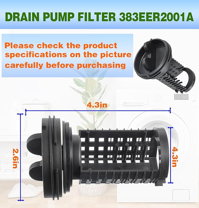 383EER2001A Washing Machine Drain Pump Filter Assembly - Compatible with LG Kenmore Washing Machines Replacement AP4440367 383EER2001F 5230ER3002AAGM75510601 PS3522306 383EER2001F