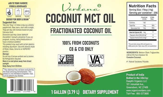 Verdana MCT Oil – 100% Coconut Derived – 1 Gallon - Kosher Food Grade – Vegan – NON GMO– Used for Keto, Paleo, Sports Nutrition, Aromatherapy, Massage, Ayurvedic Oil Pulling Oral Rinse Mouthwash