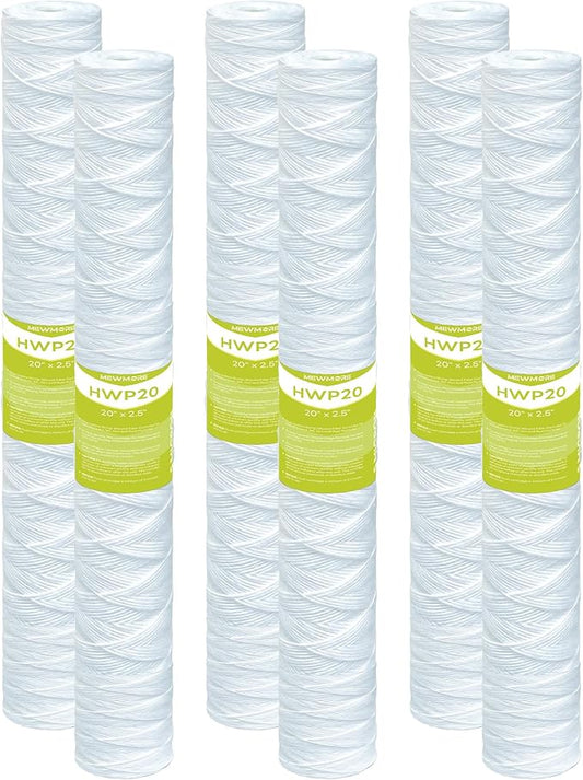 5 Micron Whole House Water Filter Cartridge, String Wound Sediment Filters for Well Water, Universal Replacement for Any 20 inch Silm Housings - 20" x 2.5" Cartridges - Pack of 6