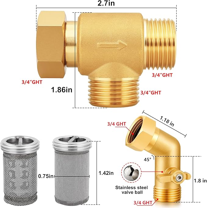 Garden Hose Filter Attachment with 100 Mesh and 40 Mesh Stainless Steel Screen,Brass Filter Pressure Washer Inlet for RV Camping Car Wash Rainwater Filtration (with Valve)