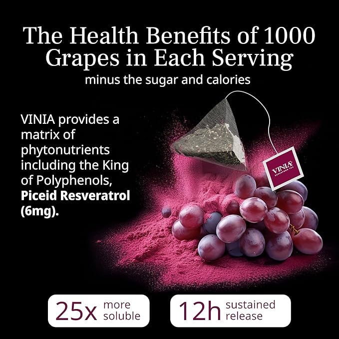 VINIA Cranberry Hibiscus Herbal Tea Bags, Made with Organic Herbal Tea, Infused with Piceid Resveratrol for Heart Health, Nitric Oxide, Physical Energy, Alertness, Blood Flow, Keto, Kosher, NON-GMO. 30 Ct